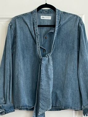 Zara Blue Denim Tie-Neck Blouse